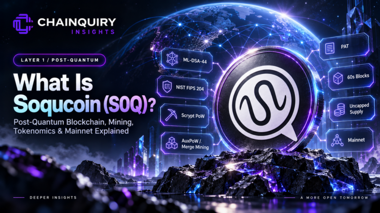 Soqucoin SOQ post-quantum blockchain featuring ML-DSA-44 cryptography, Scrypt mining and mainnet launch — Chainquiry Insights